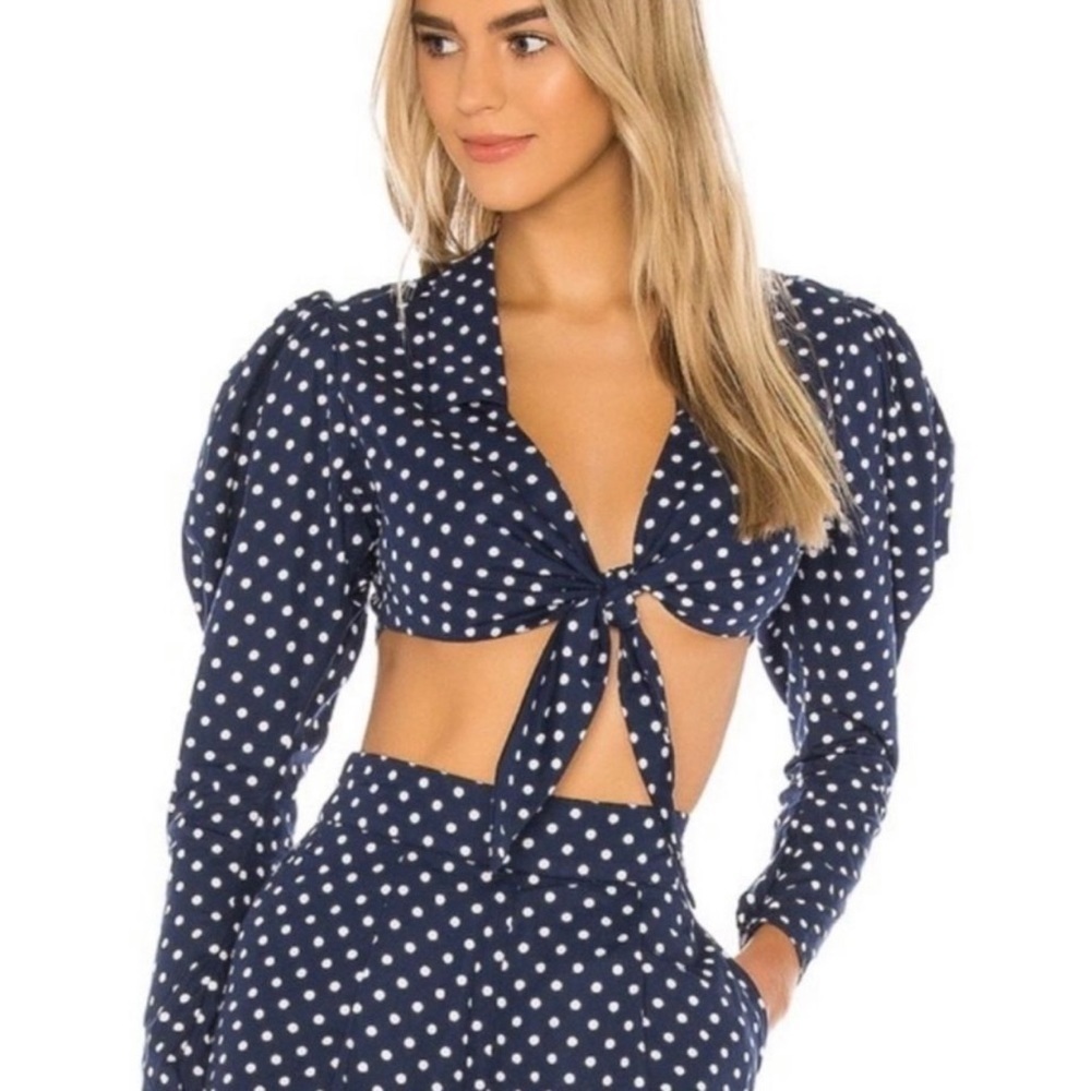 WeWoreWhat Bisou Polka Dot Tie Front Cropped Top in Estate Blue size XS